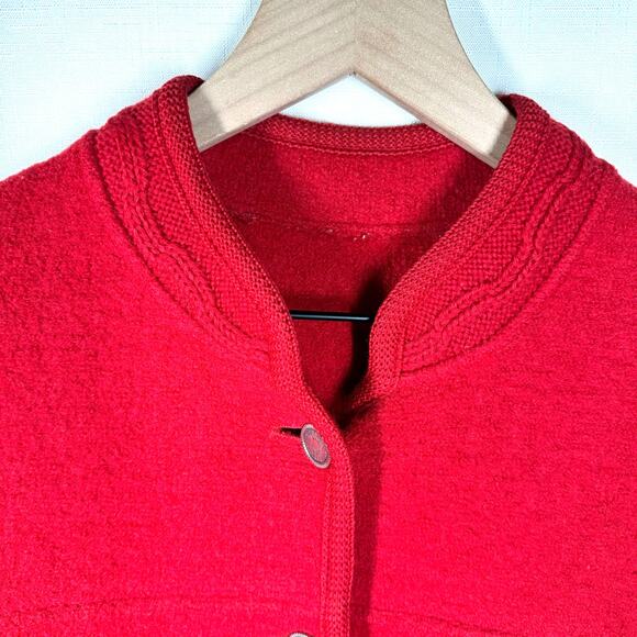 100% Boiled Wool Cardigan Cherry Red Cable Knit Size L Holiday Christmas Granny - Picture 6 of 16
